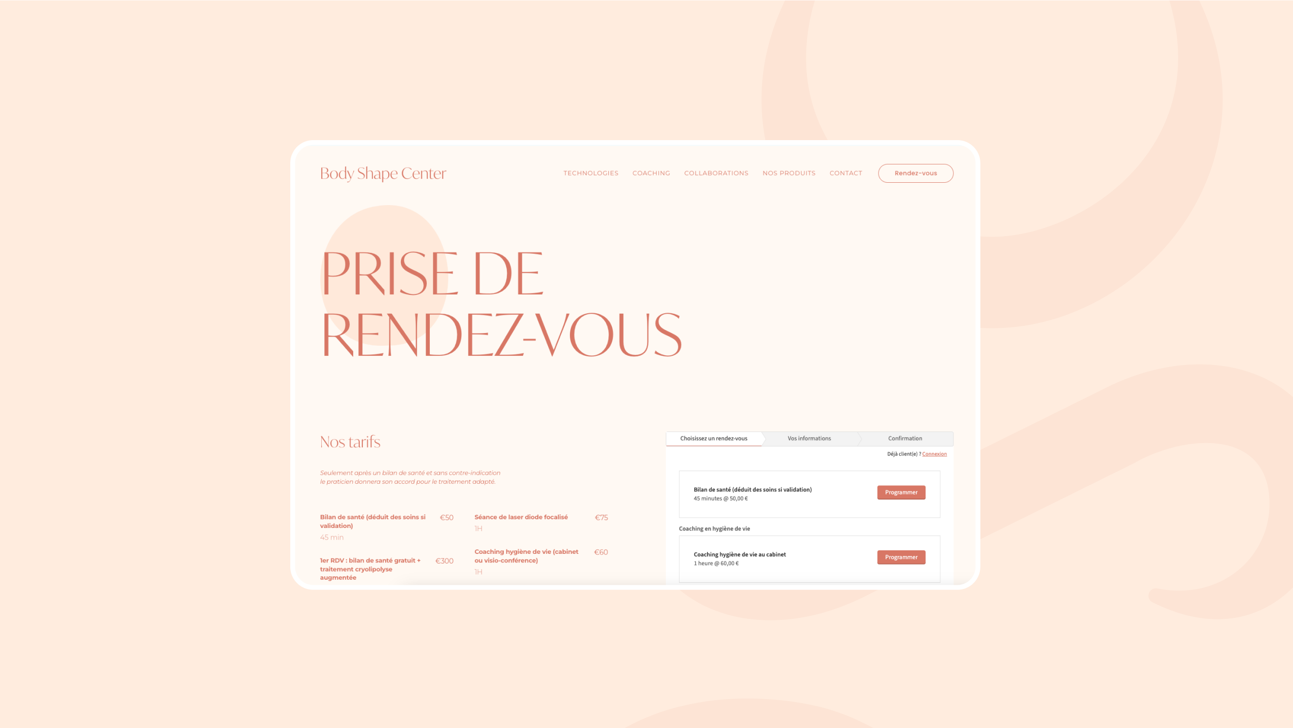 Ecran site prise de rendez-vous Body Shape Center