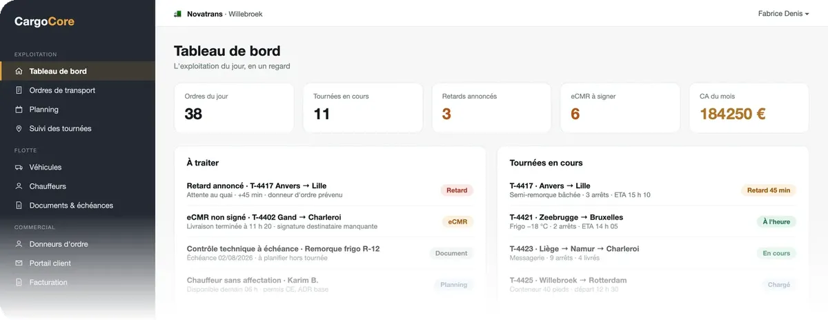CargoCore : tableau de bord