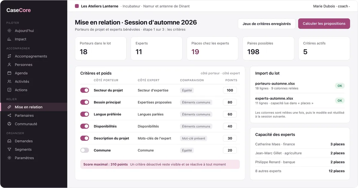 CaseCore : les critères de mise en relation
