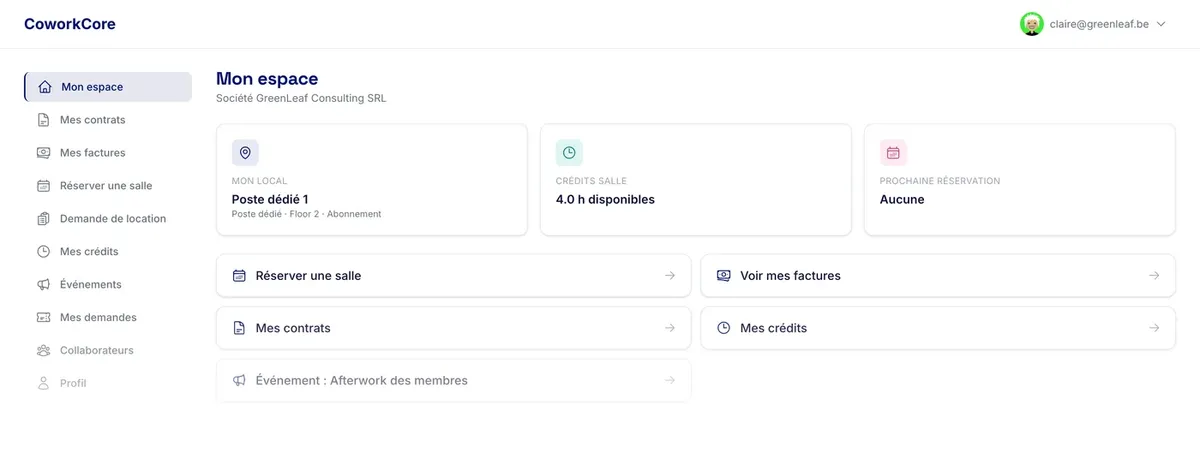 CoworkCore : portail membre