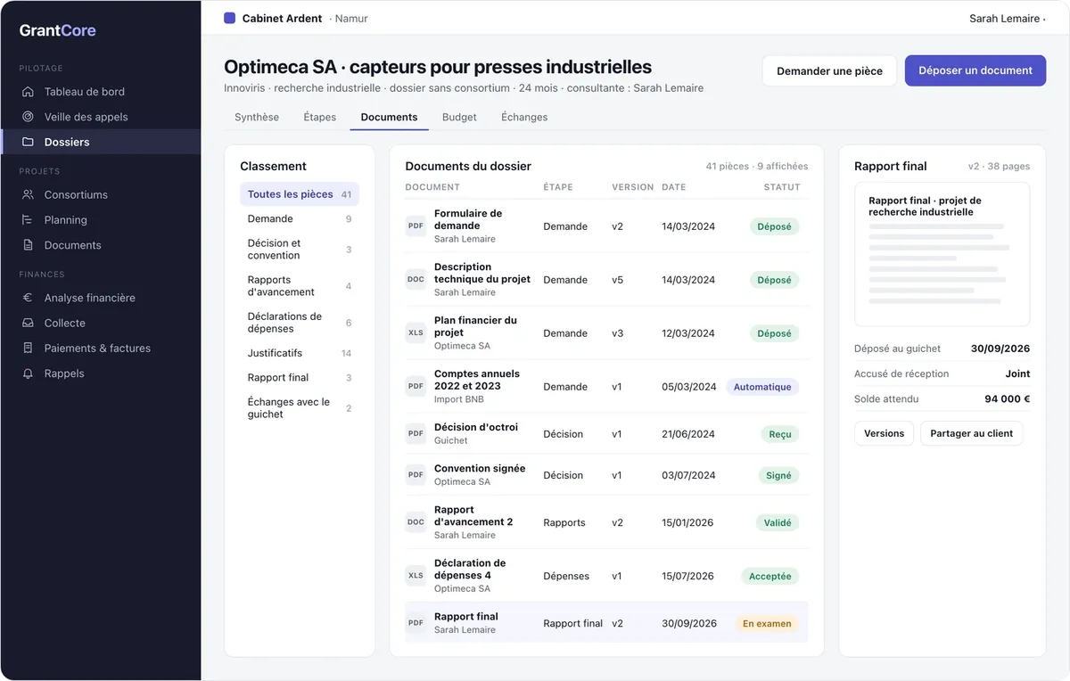 GrantCore : documents d'un dossier