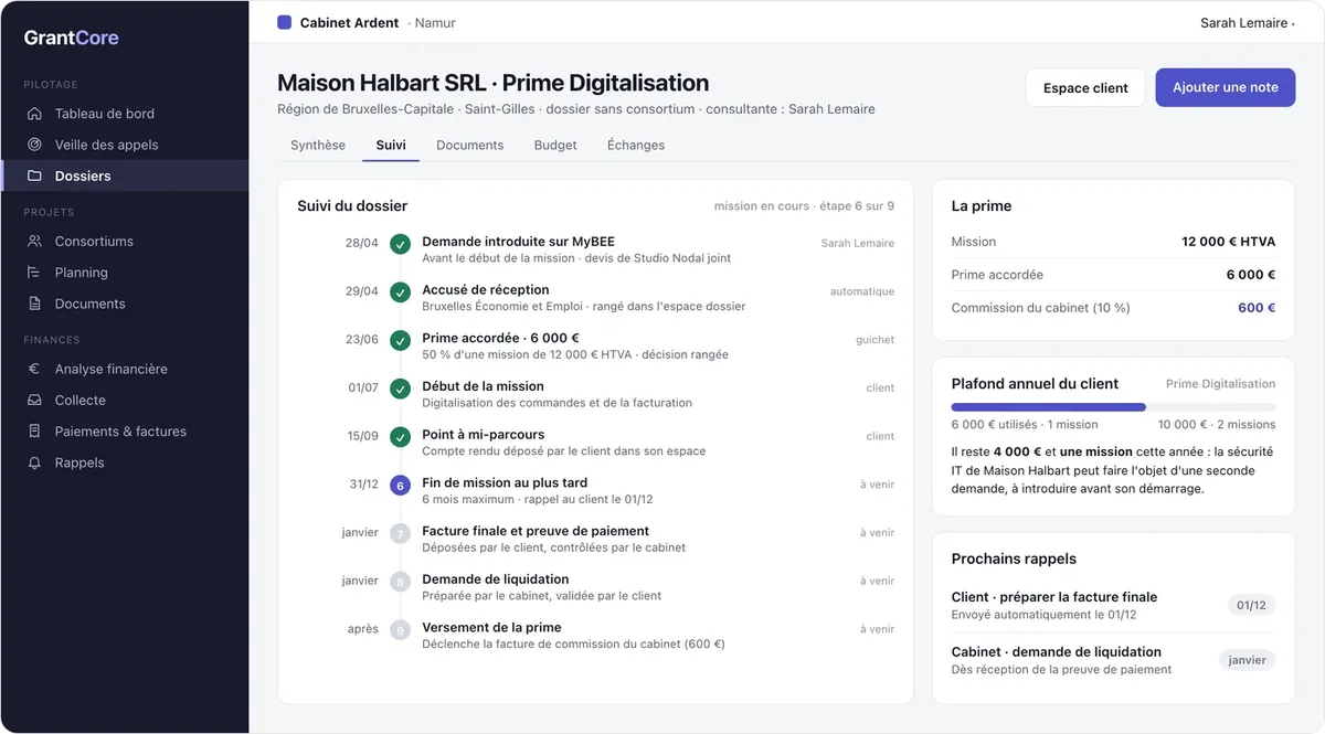 GrantCore : suivi d'une prime bruxelloise