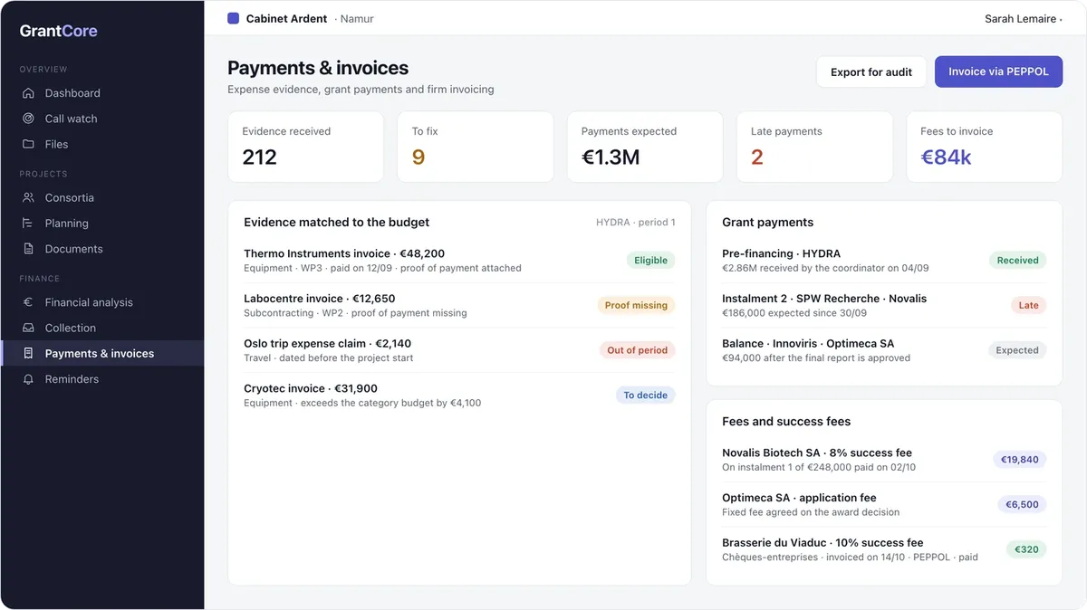 GrantCore: payments and invoices