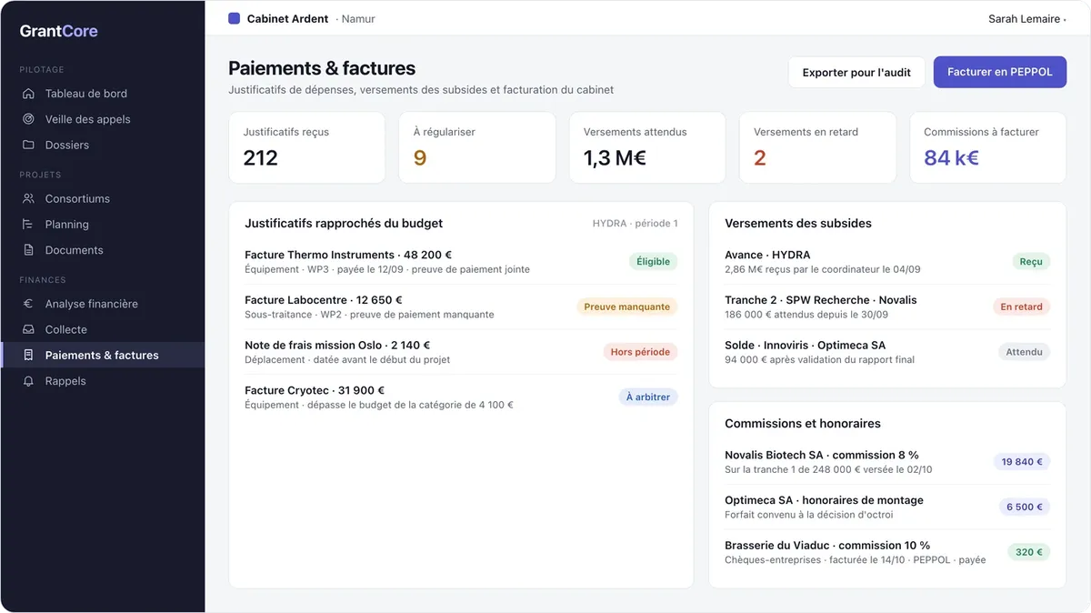 GrantCore : paiements et factures