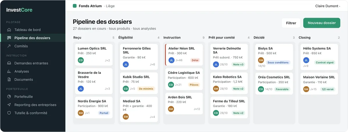 InvestCore : pipeline des dossiers