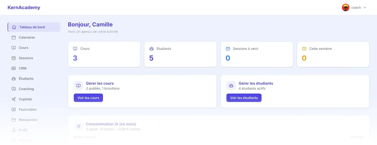 KernAcademy : tableau de bord