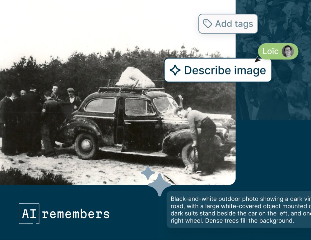 Interface AI Remembers affichant une photo d'archive noir et blanc d'une voiture ancienne avec une description générée par IA et des suggestions de tags.
