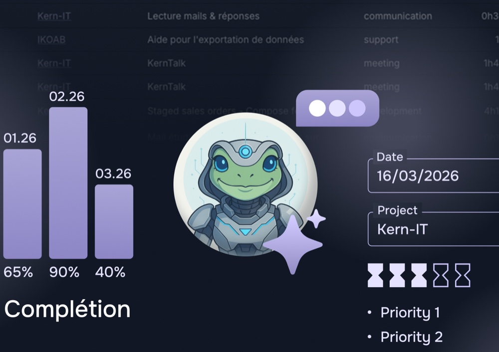 Interface A.M.A, agent IA interne KERN-IT, affichant la mascotte, la progression de complétion mensuelle et un panneau d'information projet.