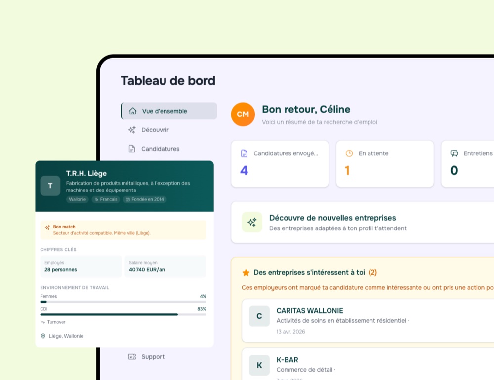 Tableau de bord Barnai d'aide à la recherche d'emploi affichant les candidatures envoyées, les entretiens et un encart de matching avec une entreprise wallonne.