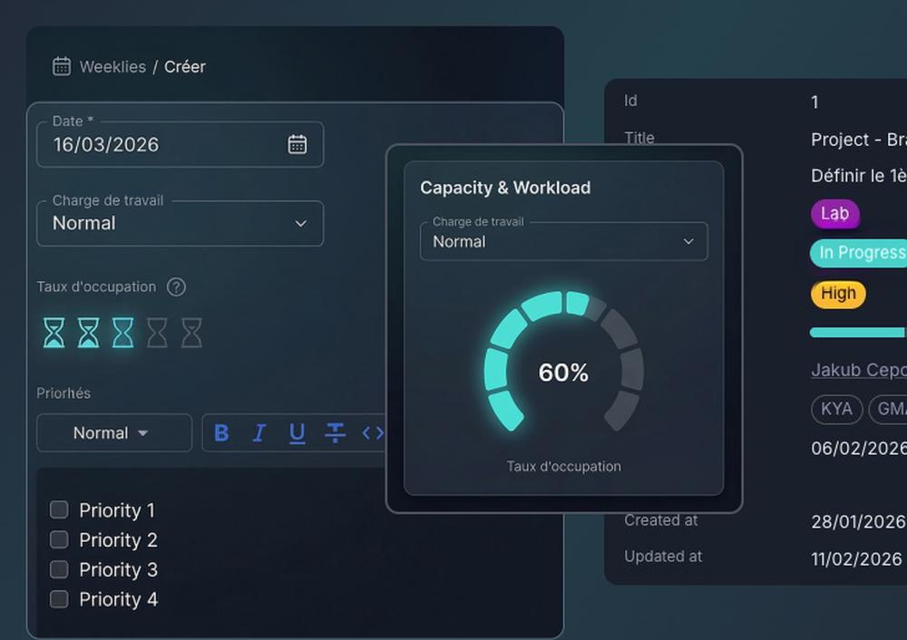 Interface utilisateur d'un tableau de bord de gestion de projet en mode sombre avec graphique de progression circulaire.