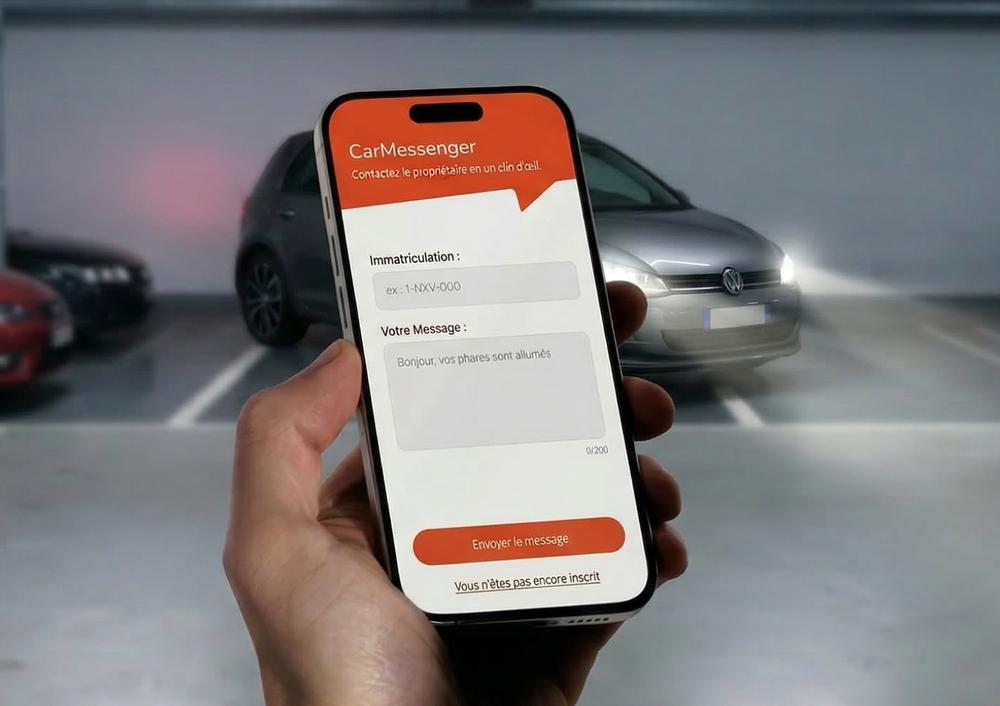 Main tenant un smartphone affichant l'écran de création de compte d'une application mobile sur fond orange.