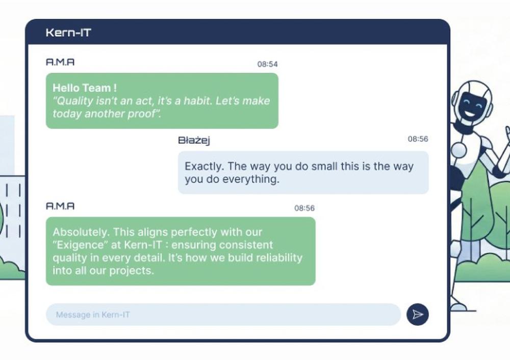 Maquette d'interface web d'un assistant virtuel et messagerie conversationnelle avec bulles vertes et blanches.