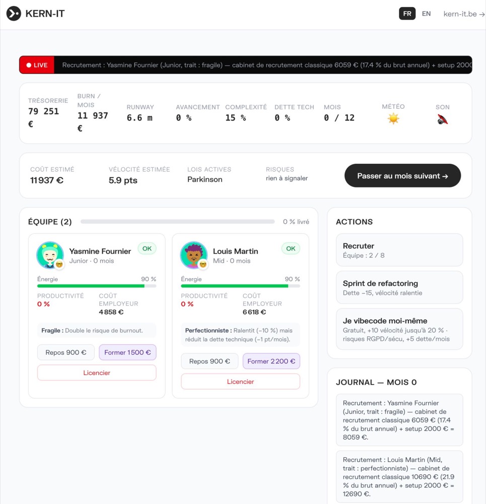 Capture d'écran d'un simulateur Magnet de gestion de startup affichant trésorerie, burn rate, équipe et indicateurs de runway.