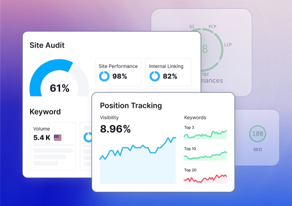 Tableau de bord OPTIMAX d'audit SEO affichant les scores de performance du site, le suivi du positionnement de mots-clés et l'analyse du linking interne.