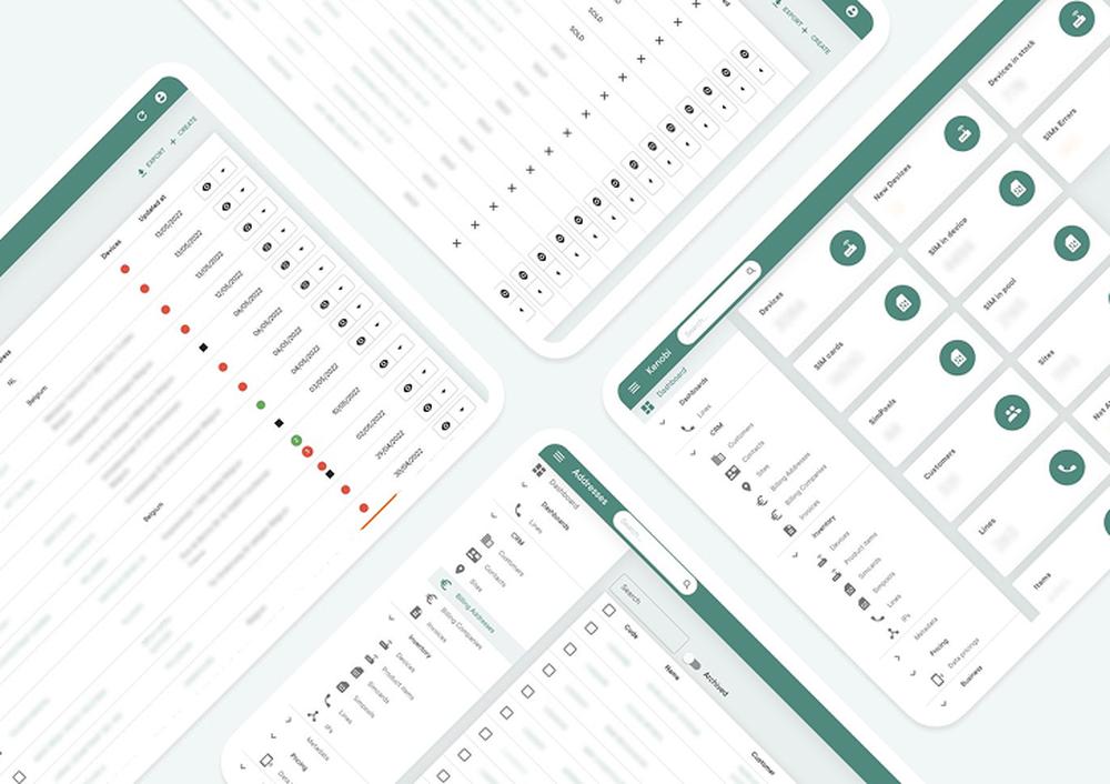 Vues en perspective isométrique d'une interface d'application web affichant des tableaux de bord et des listes de données.