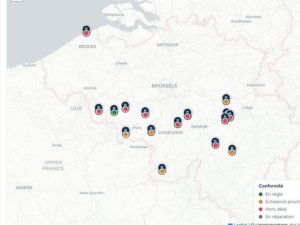 InspectCore : carte des parcs éoliens, chaque parc coloré selon l'état de conformité de ses équipements