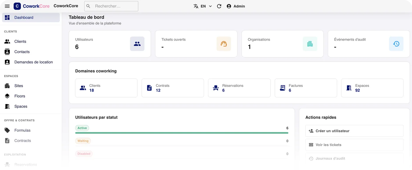 Écran de CoworkCore, logiciel de gestion de coworking